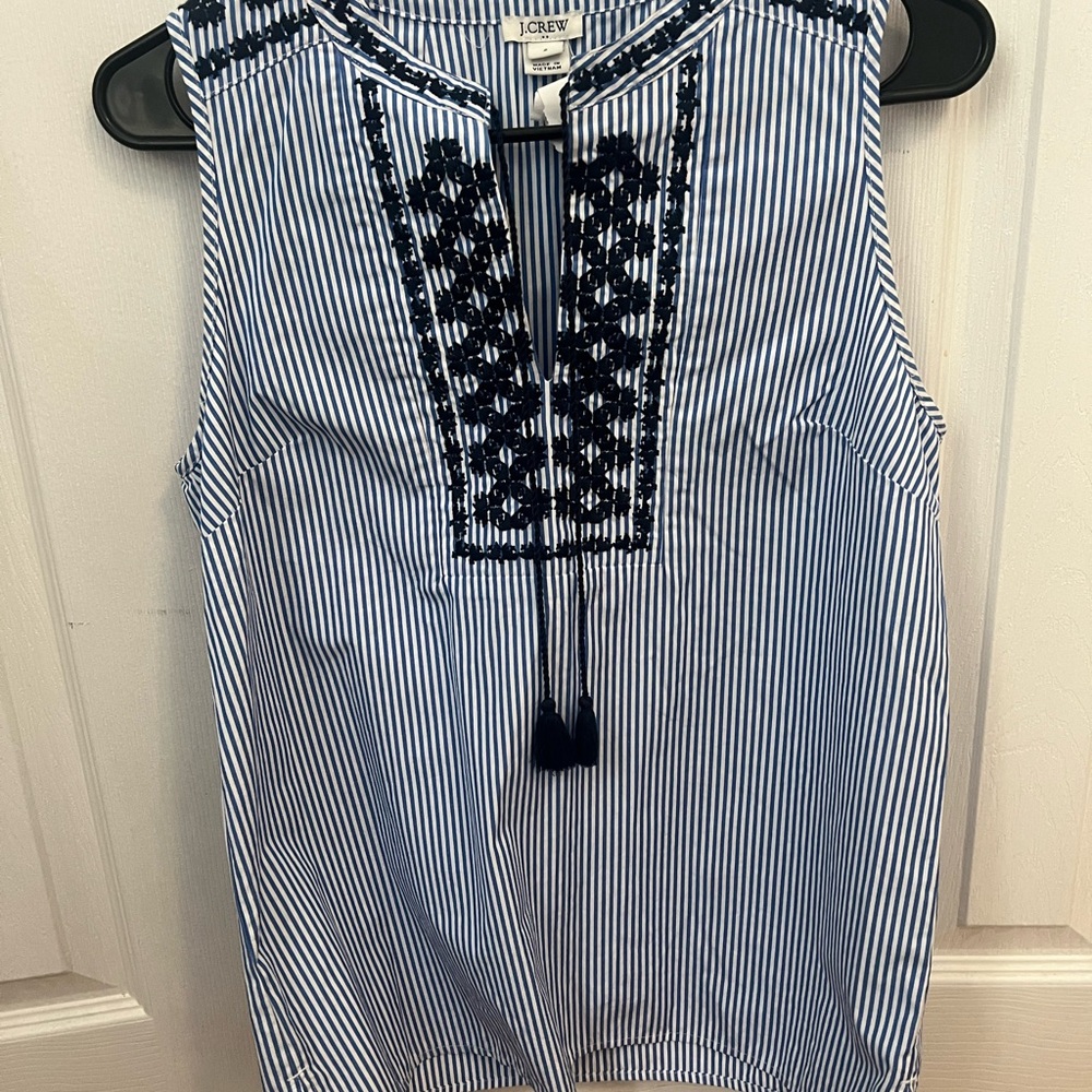 J. Crew Navy Embroidered Striped Blouse